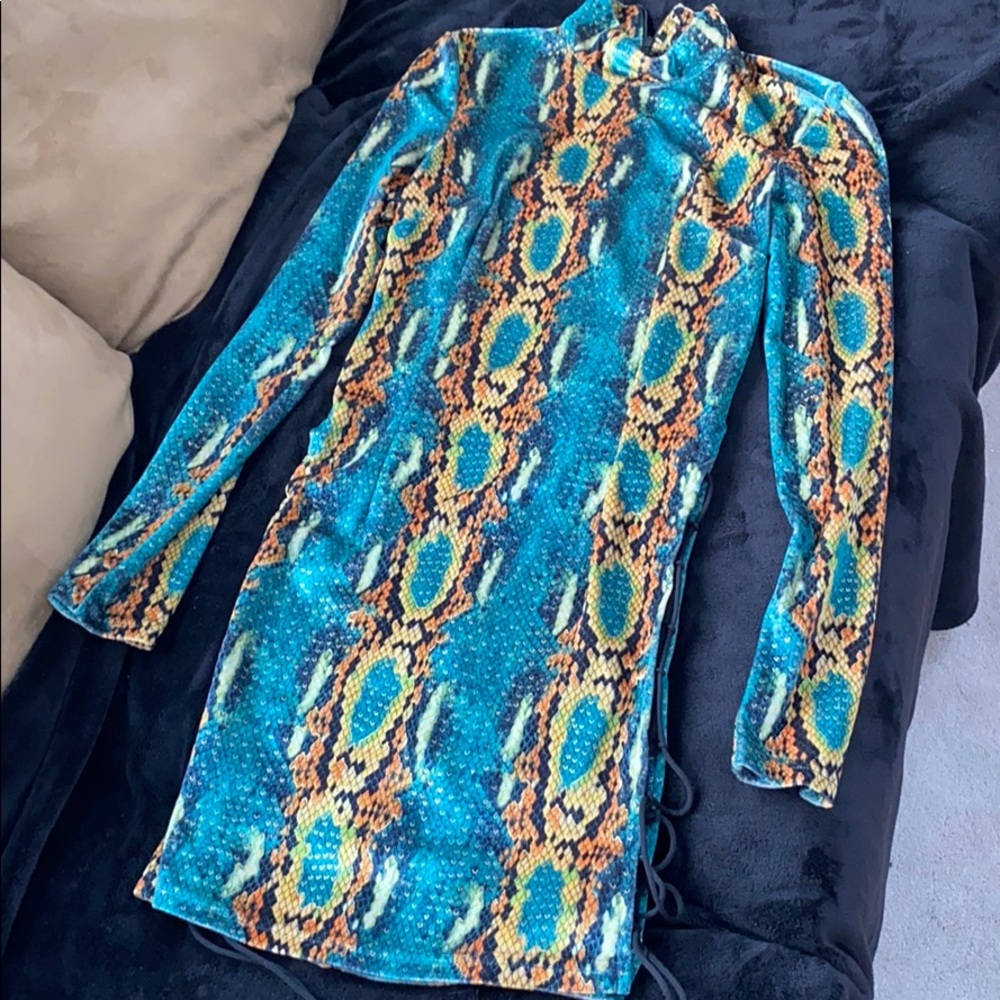 Velvet dress, PLT, side ties, snake print.